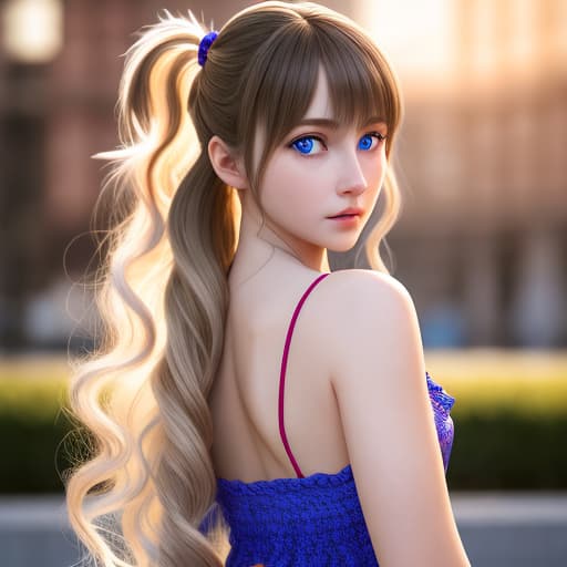  ((realistic, ultra realistic, photorealistic)), <lora:xl_more_art-full_v1:0.5>, (masterpiece, top quality, best quality, official art, beautiful and aesthetic:1.2), (photorealistic, ultra realistic 8k CG), RAW photo, photo:1.5, realistic:1.5, photorealistic:1.5, ultra high resolution, 8k, textured skin, realistic skin, detailed skin, highest detail, extremely detailed, 8k wallpaper, colorful, 1, young , beautifully detailed blue eyes, beautiful detailed face, perfect face, stunningly beautiful, delicate skin, long wavy white/ hair in low twintails, swept bangs, standing, short tank dress, full body:1.5, close focus, from below, small , Huge rear, pose,(focus on), embodiment of ism