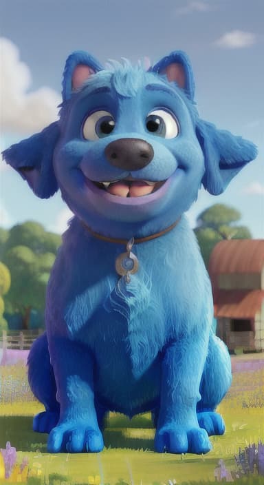  {A happy, big blue dog wagging its tail in a colorful meadow, The big blue dog is large with sky blue fur, big round eyes, a black nose, and floppy ears.