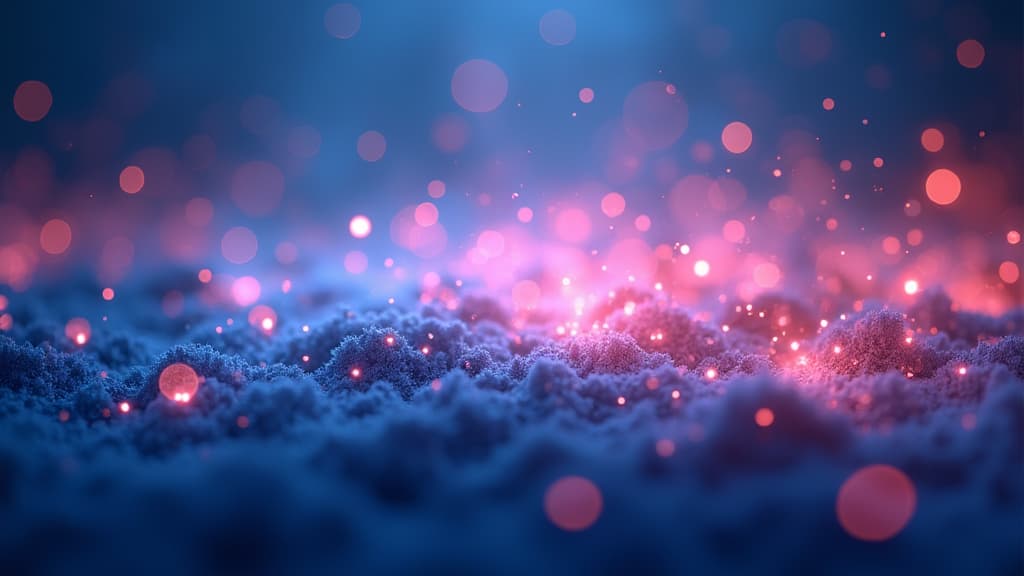  good quality, high quality, abstract background with glowing particles in blue, pink, and orange hues.