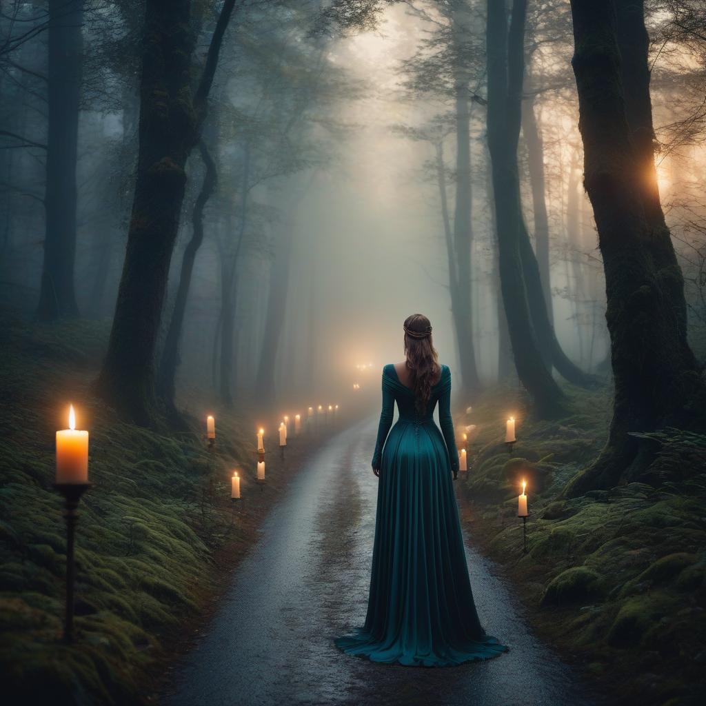  fairy tale A gloomy forest Standing candles on the road There are no people . magical, fantastical, enchanting, storybook style, highly detailed hyperrealistic, full body, detailed clothing, highly detailed, cinematic lighting, stunningly beautiful, intricate, sharp focus, f/1. 8, 85mm, (centered image composition), (professionally color graded), ((bright soft diffused light)), volumetric fog, trending on instagram, trending on tumblr, HDR 4K, 8K