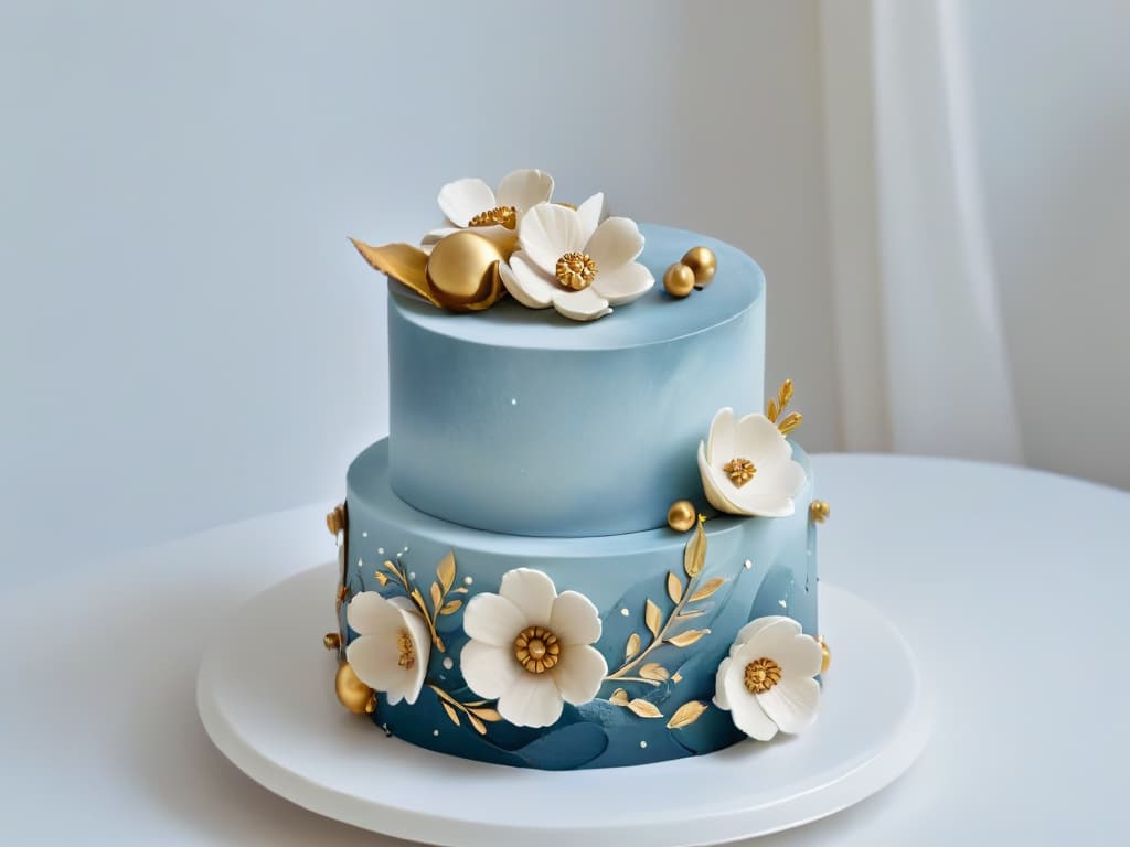  An intricately designed cake featuring a fusion of classical art elements like intricate gold leaf detailing and sculpted fondant flowers, seamlessly blending with modern trends such as a sleek, minimalist color palette and geometric patterns. The cake is displayed on a simple, elegant white platter against a soft, neutral backdrop, emphasizing the harmonious combination of traditional artistic techniques with contemporary aesthetics. hyperrealistic, full body, detailed clothing, highly detailed, cinematic lighting, stunningly beautiful, intricate, sharp focus, f/1. 8, 85mm, (centered image composition), (professionally color graded), ((bright soft diffused light)), volumetric fog, trending on instagram, trending on tumblr, HDR 4K, 8K