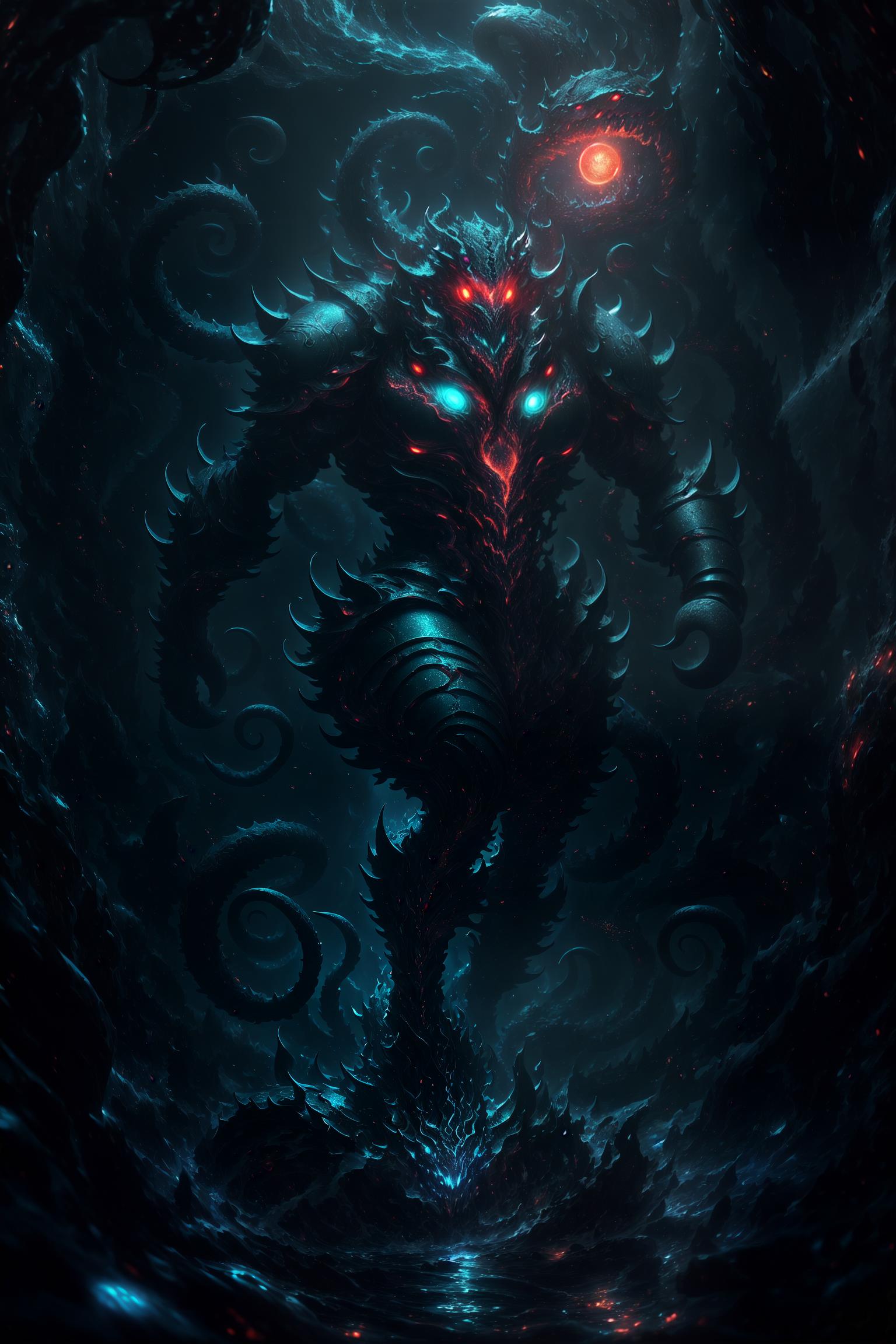  Kraken, (giant tentacles:1.2), (body mainly composed of a set of huge, strong, and flexible tentacles), (covered with suction cups and sharp claws), (wild eyes:1.0), (possessing wild and evil eyes), (emitting deep red or bright yellow light), (as if twinkling in the dark), (tornado like mouth:1.0), (has a tornado shaped mouth that rotates open and closed), (showing its power as a deep sea monster), (demonic skin:1.0), (covered in thick, slippery, and highly waterproof skin), (deep sea environment:1.2), (main scene is dark, cold, and high pressure deep sea), (environment includes the pitch black abyss like seabed), (sparse bioluminescent creatures), (ship element:1.0), (story set at night), (depicting a ship being attacked and about to sink) hyperrealistic, full body, detailed clothing, highly detailed, cinematic lighting, stunningly beautiful, intricate, sharp focus, f/1. 8, 85mm, (centered image composition), (professionally color graded), ((bright soft diffused light)), volumetric fog, trending on instagram, trending on tumblr, HDR 4K, 8K