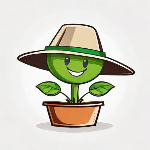  Draw a cheerful, wide-brimmed garden hat with a sprouting green plant peeking out from the top. The hat should have a smiling face on it to convey a friendly and approachable vibe. ((for a logo)), minimalistic, vector illustration, (simple), (white background), no background, for a company, strong color contrast