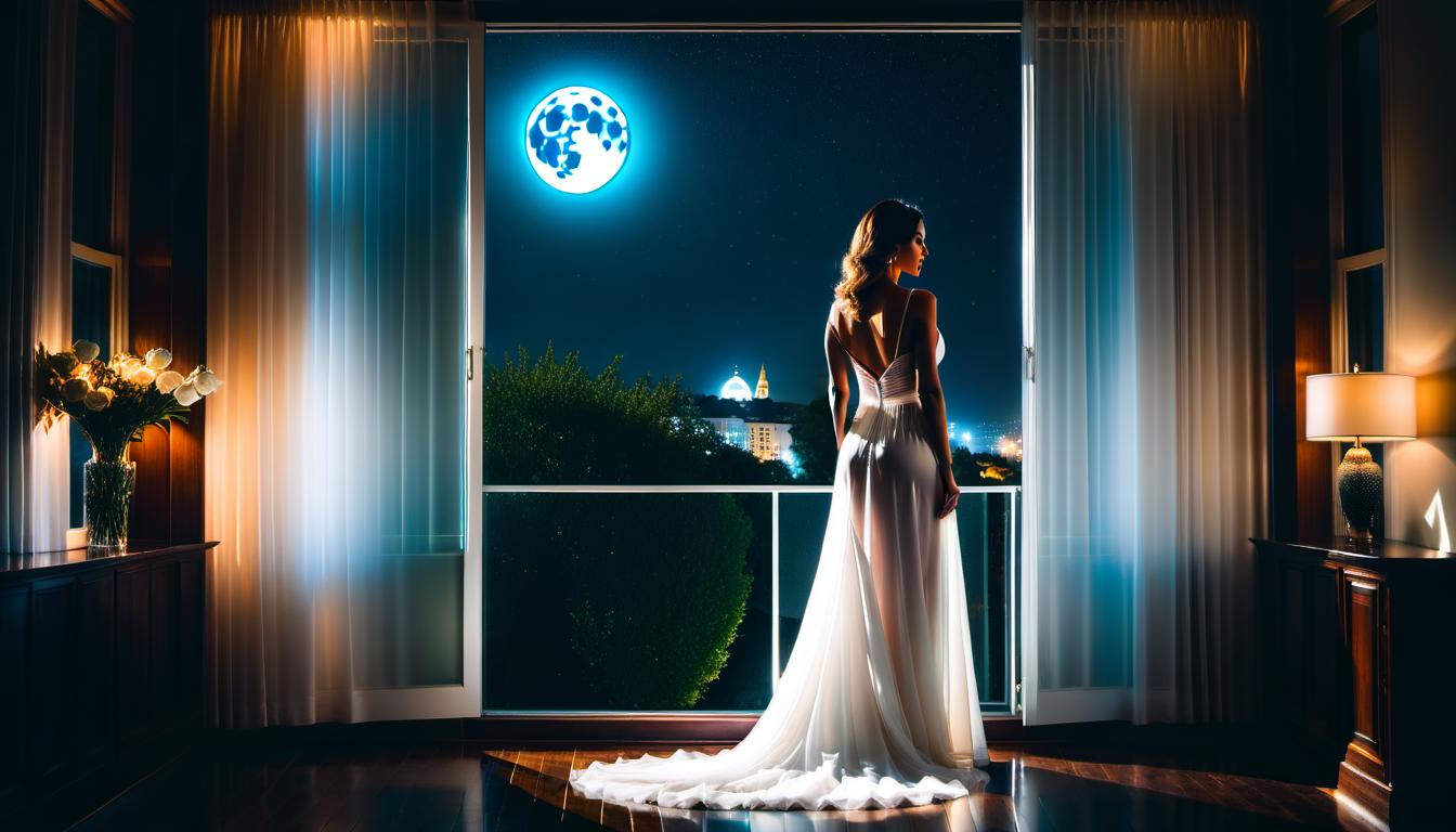  HDR photo of woman in a white gown standing in front of a window at night under a full moon. . High dynamic range, vivid, rich details, clear shadows and highlights, realistic, intense, enhanced contrast, highly detailed, FILM PHOTOGRAPHY STYLE hyperrealistic, full body, detailed clothing, highly detailed, cinematic lighting, stunningly beautiful, intricate, sharp focus, f/1. 8, 85mm, (centered image composition), (professionally color graded), ((bright soft diffused light)), volumetric fog, trending on instagram, trending on tumblr, HDR 4K, 8K