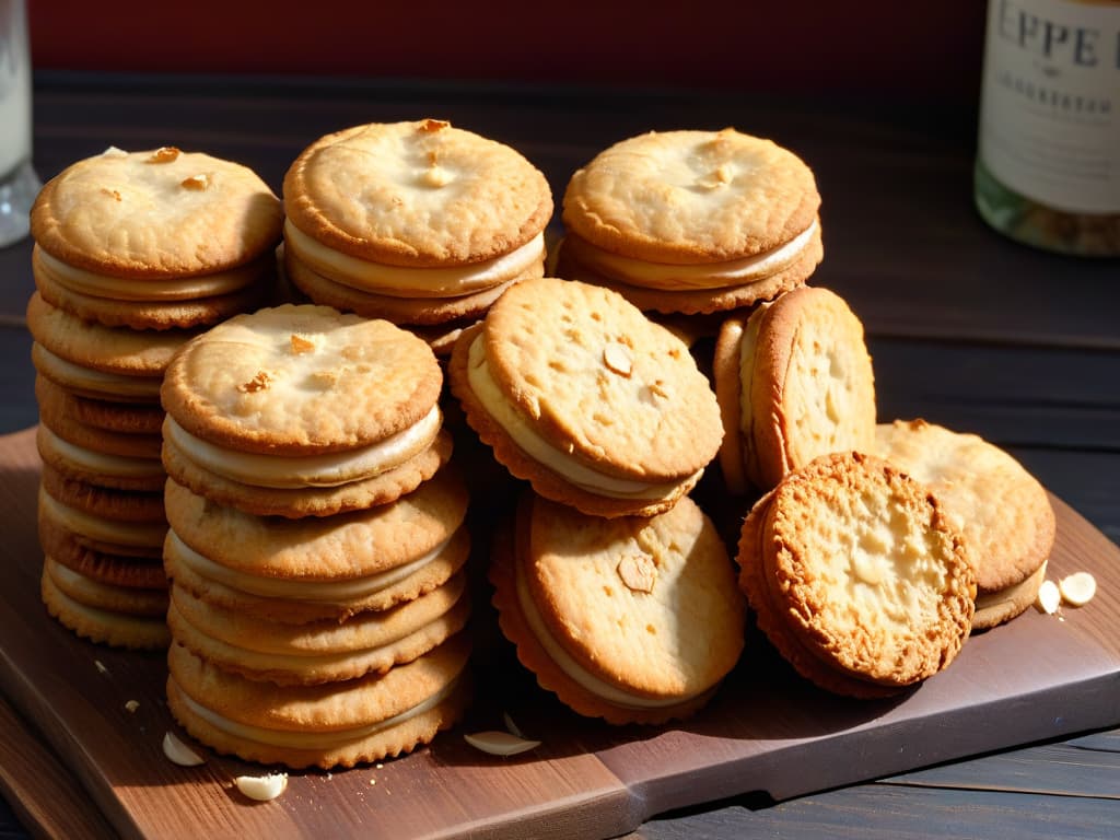  A closeup, ultradetailed image of freshly baked Anzac biscuits arranged in a neat row on a rustic wooden table. The golden, chewy cookies are studded with oats and coconut, emitting a warm, inviting aroma. Each biscuit is perfectly textured, with a slightly crispy edge and a soft, chewy center. The natural light streaming in from a nearby window casts a soft glow on the biscuits, highlighting their delicious homemade appeal. hyperrealistic, full body, detailed clothing, highly detailed, cinematic lighting, stunningly beautiful, intricate, sharp focus, f/1. 8, 85mm, (centered image composition), (professionally color graded), ((bright soft diffused light)), volumetric fog, trending on instagram, trending on tumblr, HDR 4K, 8K