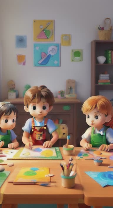  {Children gathered around a table full of paints, brushes, and paper., Kids wearing aprons, concentrating on their painting with bright colors on paper.