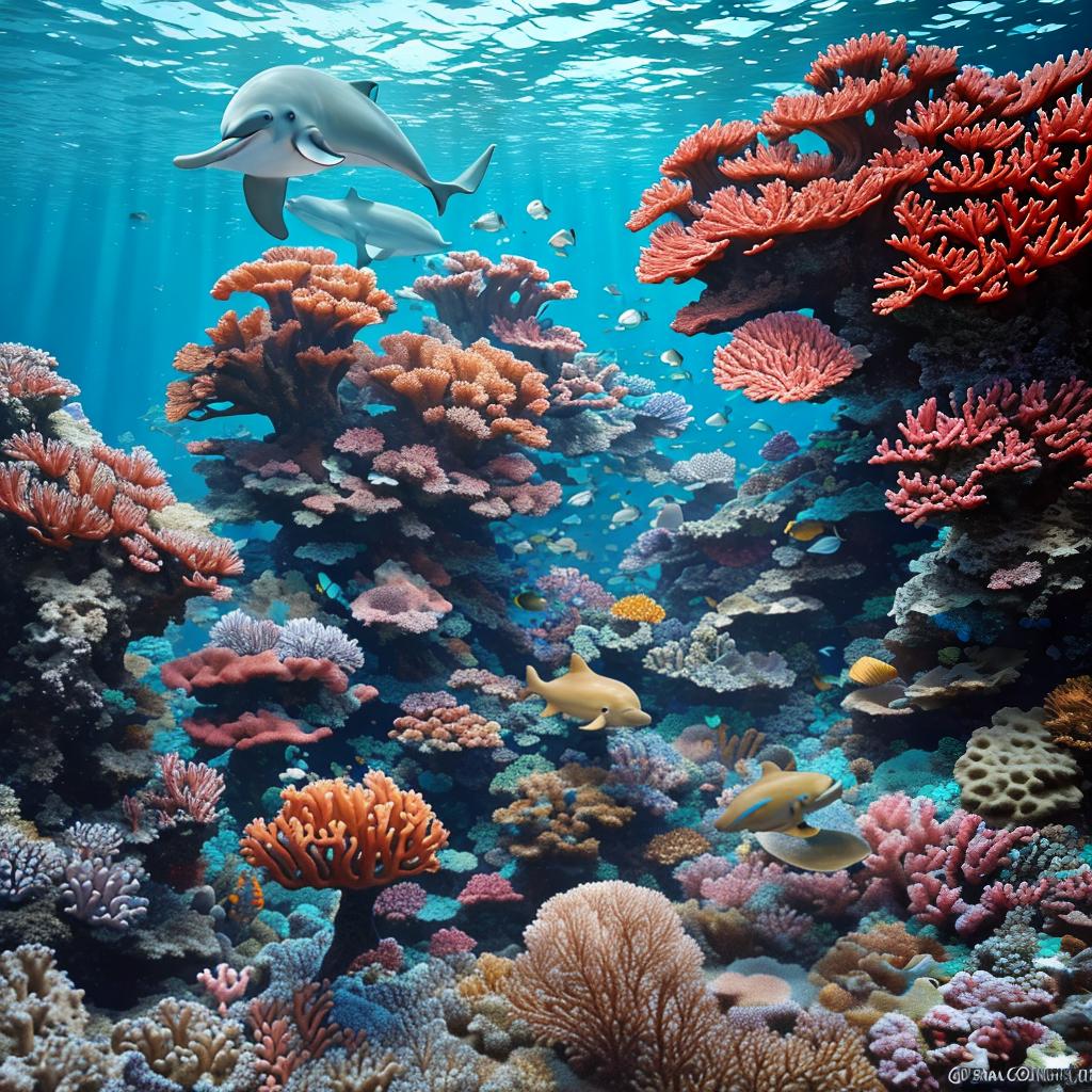  masterpiece, best quality, Most Beautiful in deep sea teeming with vibrant corals, diverse marine life, and enchanting underwater landscapes, full of corals, acrophore, small fishes, anemones, dolphin, various algaes, caves, colorful,all captured in stunning 8k resolution with intricate details.