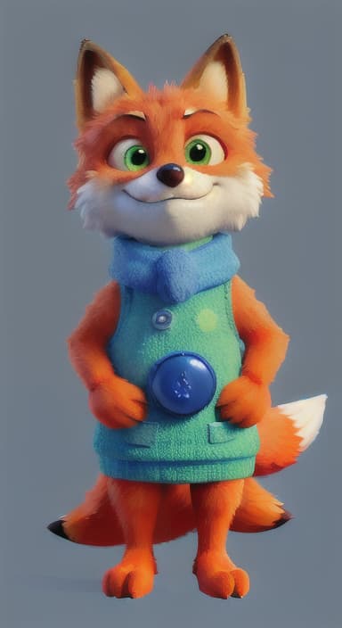  {Error the fox pressing the blue button with his paw, looking puzzled as nothing occurs., Error is a small, bright orange fox with a fluffy tail and big, inquisitive eyes. He has a mischievous yet kind expression and wears a tiny green scarf.