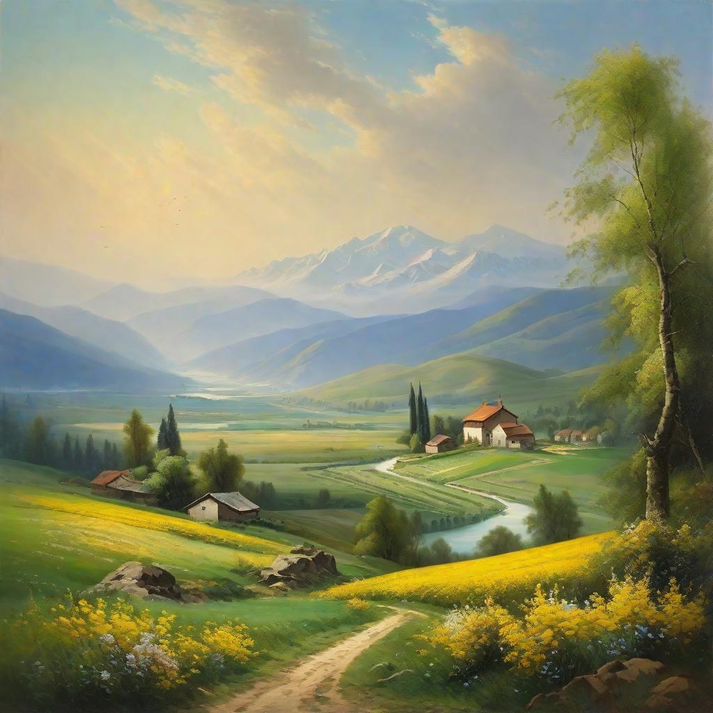  masterpiece, best quality,Description of spring fields, mountains in the distance, a river nearby