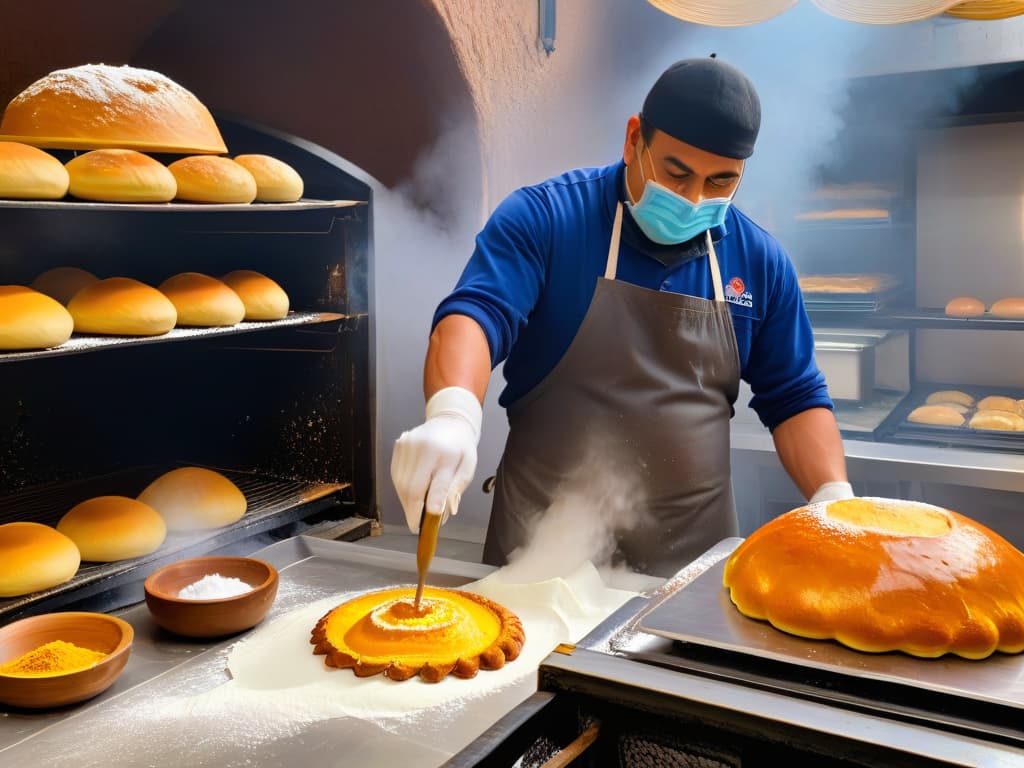  An intricate and highly detailed illustration showcasing the traditional process of making Pan de Muerto in Mexico. The image features a skilled baker meticulously shaping the dough, sprinkling sugar on top, and carefully placing the bread in the oven. The background includes elements like traditional Mexican kitchen utensils, colorful ingredients, and a subtle nod to preHispanic origins with symbolic decorations. The overall composition is minimalist yet rich in cultural significance, perfectly complementing the informative tone of the article. hyperrealistic, full body, detailed clothing, highly detailed, cinematic lighting, stunningly beautiful, intricate, sharp focus, f/1. 8, 85mm, (centered image composition), (professionally color graded), ((bright soft diffused light)), volumetric fog, trending on instagram, trending on tumblr, HDR 4K, 8K