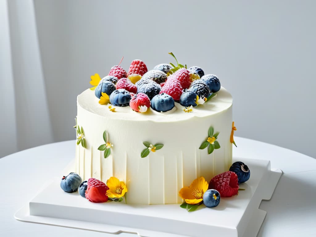  A minimalist image of a beautifully decorated glutenfree cake adorned with fresh berries and edible flowers on a pristine white pedestal, showcasing intricate piping work and delicate details. The cake is subtly lit, casting soft shadows that highlight the precision and artistry of the design. The background is a clean, unobtrusive white, emphasizing the elegance and sophistication of the glutenfree dessert. hyperrealistic, full body, detailed clothing, highly detailed, cinematic lighting, stunningly beautiful, intricate, sharp focus, f/1. 8, 85mm, (centered image composition), (professionally color graded), ((bright soft diffused light)), volumetric fog, trending on instagram, trending on tumblr, HDR 4K, 8K