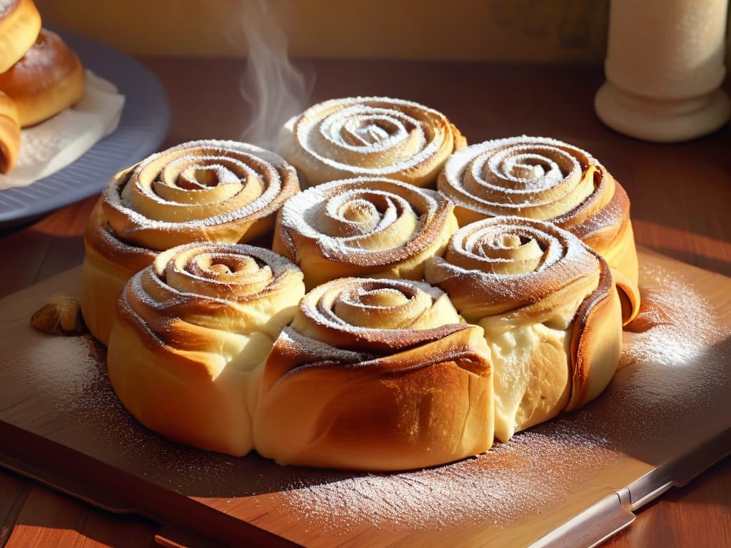  A closeup, photorealistic image of freshly baked cinnamon rolls with a light golden crust, sprinkled with a dusting of powdered sugar, resting on a rustic wooden table. The rolls are perfectly spiraled, showcasing layers of cinnamonsugar filling, and emitting a steamy, inviting aroma. Sunlight gently streams in from a nearby window, casting a warm glow on the rolls, creating a cozy, welcoming breakfast scene perfect for a summer morning. hyperrealistic, full body, detailed clothing, highly detailed, cinematic lighting, stunningly beautiful, intricate, sharp focus, f/1. 8, 85mm, (centered image composition), (professionally color graded), ((bright soft diffused light)), volumetric fog, trending on instagram, trending on tumblr, HDR 4K, 8K