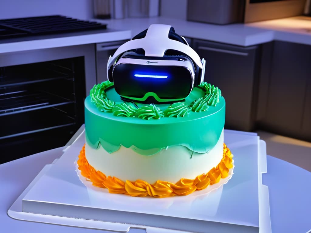  An ultradetailed 8k image of a virtual reality headset hovering above an exquisitely detailed virtual kitchen, showcasing a holographic display of a sophisticated cake being decorated by digital hands. The headset is illuminated by a soft, ethereal glow, contrasting beautifully with the sleek, modern design of the virtual kitchen. Every minute detail, from the intricate piping on the cake to the reflection of the virtual flames dancing in the holographic oven, is rendered with stunning realism, immersing the viewer in the futuristic world of virtual pastry arts education. hyperrealistic, full body, detailed clothing, highly detailed, cinematic lighting, stunningly beautiful, intricate, sharp focus, f/1. 8, 85mm, (centered image composition), (professionally color graded), ((bright soft diffused light)), volumetric fog, trending on instagram, trending on tumblr, HDR 4K, 8K