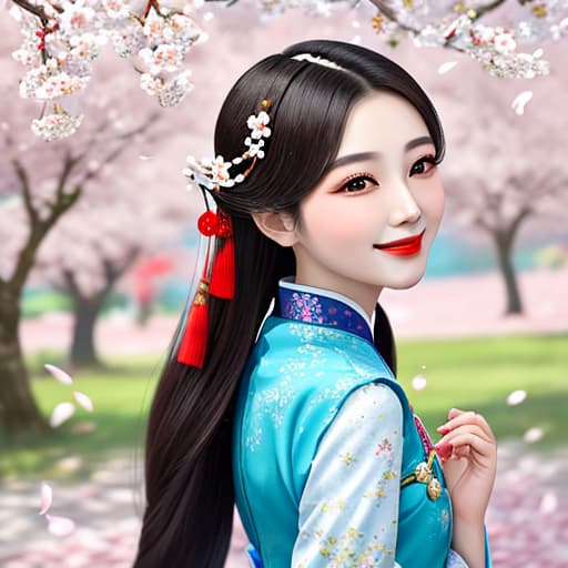  Under the cherry tree, ancient costume beauty, Chinese face, beautiful, turn around smile, petals floating,