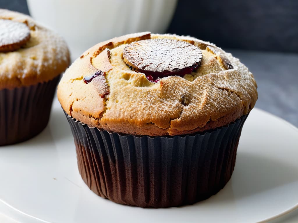  An intricately designed, closeup image of a freshly baked chia seed and almond flour muffin, sprinkled with a light dusting of powdered stevia on a sleek, modern white plate with a matte black background. The muffin is goldenbrown, emitting a steamy vapor, showcasing its moist texture, and adorned with a single, plump, ripe raspberry for a pop of color and freshness. The lighting is soft, casting gentle shadows that highlight the texture and details of the muffin's surface, inviting viewers to appreciate the intricate beauty of this diabeticfriendly treat. hyperrealistic, full body, detailed clothing, highly detailed, cinematic lighting, stunningly beautiful, intricate, sharp focus, f/1. 8, 85mm, (centered image composition), (professionally color graded), ((bright soft diffused light)), volumetric fog, trending on instagram, trending on tumblr, HDR 4K, 8K