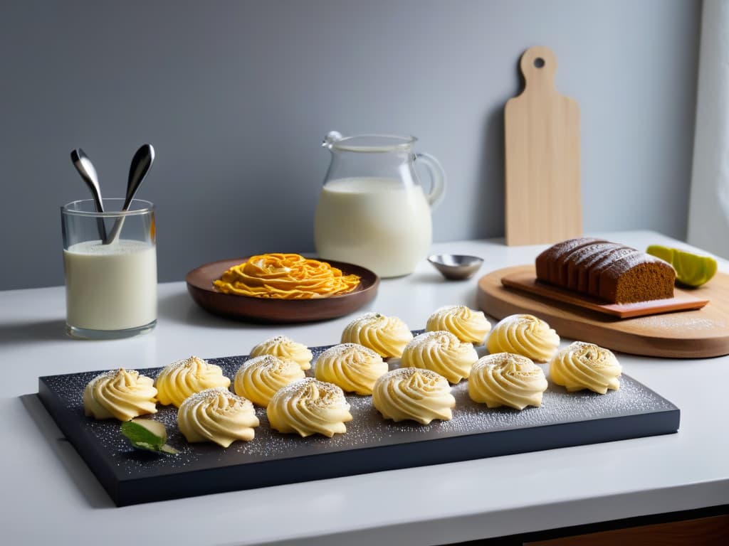  A closeup, ultrahighresolution image of a sleek, modern kitchen countertop elegantly organized with an array of essential vegan baking tools and ingredients. The image showcases a minimalist aesthetic with carefully arranged items like measuring cups, a whisk, spatula, rolling pin, assorted cookie cutters, plantbased milk, and a stack of vegan recipe books. The soft, natural lighting highlights the textures and shapes of the items, creating a visually appealing and aspirational scene perfect for the article's target audience of beginner vegan bakers seeking essential equipment guidance. hyperrealistic, full body, detailed clothing, highly detailed, cinematic lighting, stunningly beautiful, intricate, sharp focus, f/1. 8, 85mm, (centered image composition), (professionally color graded), ((bright soft diffused light)), volumetric fog, trending on instagram, trending on tumblr, HDR 4K, 8K