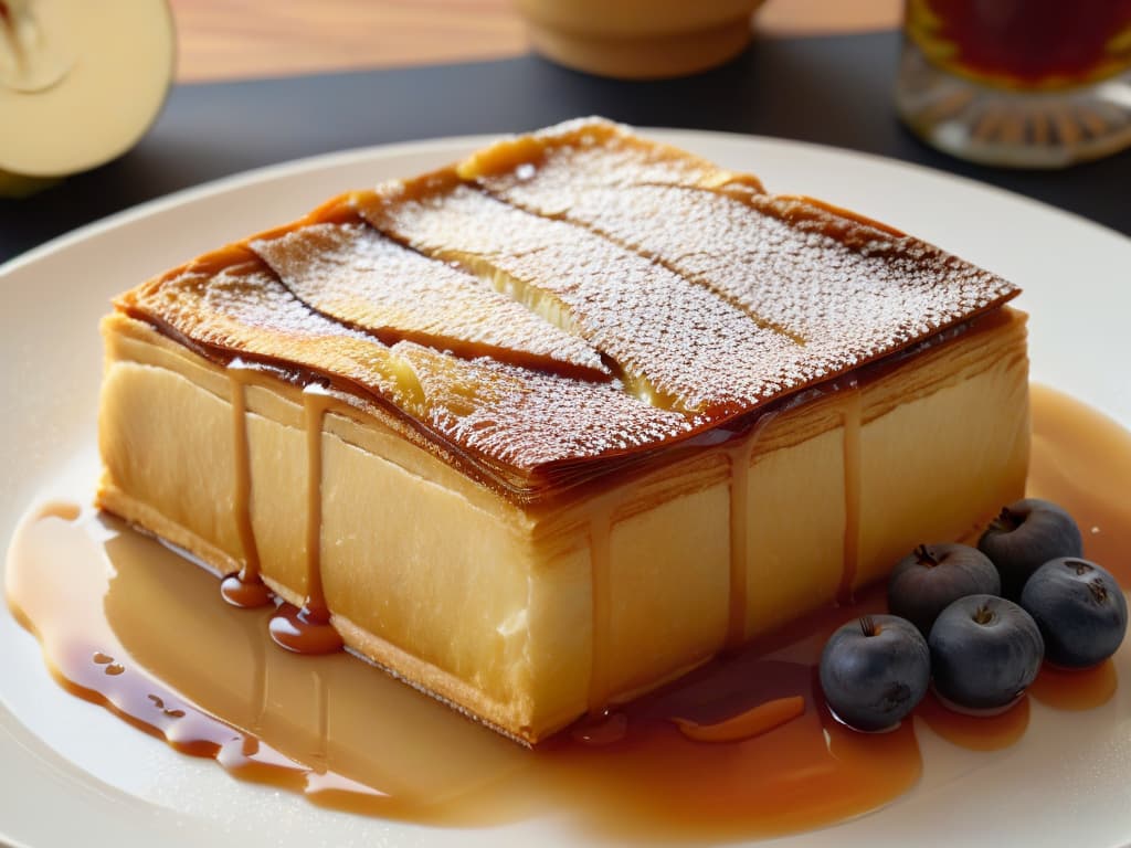  An ultradetailed closeup image of a perfectly caramelized apple slice being delicately placed on top of a golden, flaky puff pastry base, with a drizzle of rich caramel sauce cascading down the side. The focus is on the intricate layers of the dessert, showcasing the glossy sheen of the caramel, the tender texture of the apple, and the buttery, crisp pastry. The colors are warm and inviting, with a soft, diffused light highlighting the luxurious dessert, creating a visually stunning and mouthwatering composition. hyperrealistic, full body, detailed clothing, highly detailed, cinematic lighting, stunningly beautiful, intricate, sharp focus, f/1. 8, 85mm, (centered image composition), (professionally color graded), ((bright soft diffused light)), volumetric fog, trending on instagram, trending on tumblr, HDR 4K, 8K