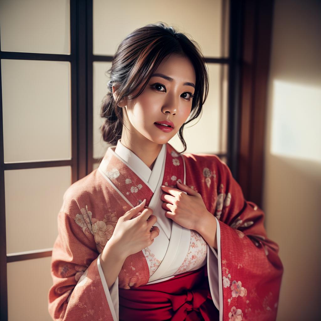  (masterpiece:1.3), (8k, photorealistic, photo, best quality: 1.4), (Japanese woman wearing clothes:),(realistic face), realistic eyes, (realistic skin), beautiful skin, kimono, (perfect body:1.3), (detailed body:1.2), hyperrealistic, full body, detailed clothing, highly detailed, cinematic lighting, stunningly beautiful, intricate, sharp focus, f/1. 8, 85mm, (centered image composition), (professionally color graded), ((bright soft diffused light)), volumetric fog, trending on instagram, trending on tumblr, HDR 4K, 8K