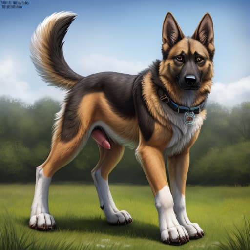  Feral German shepherd with erection. By virtyalfobo. Full body., open eyes, digital art, masterpiece, 4k, fine details,