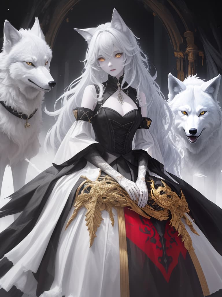  ((one girl and one wolf))、glowing golden eyes black vampire girl、white skin、BREAK、red wolf、best quality:1.4、masterpiece:1.4、ultra detailed texture、absurd resolution、8K illustration、💩、💩、💩、💩、💩、, masterpiece, best quality,8k,ultra detailed,high resolution,an extremely delicate and beautiful,hyper detail