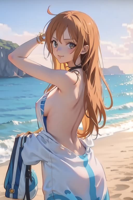  Nami from one piece naked front of a nice beach looking at the viewer