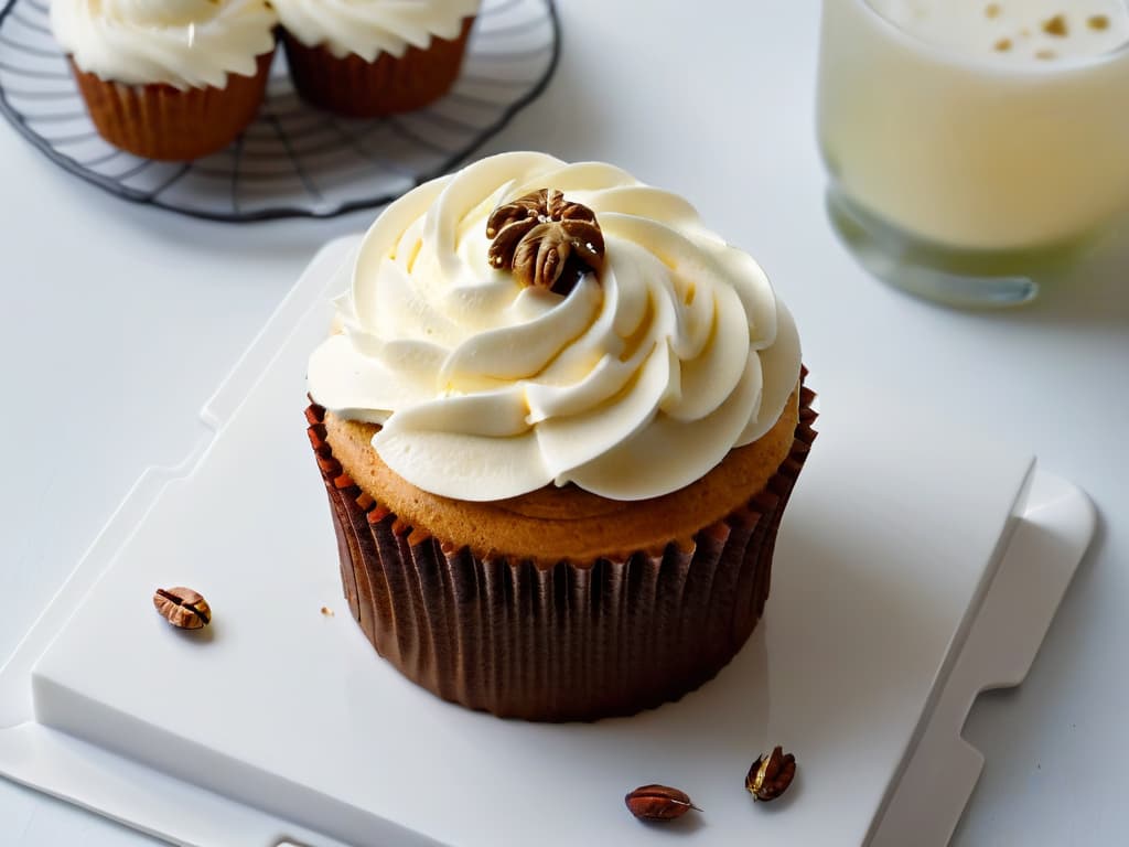  A closeup, ultradetailed image of a freshly baked carrot and walnut cupcake, adorned with a delicate swirl of cream cheese frosting and topped with a single perfect walnut half. The cupcake sits on a sleek, minimalist white plate, with subtle natural light casting soft shadows, highlighting the texture of the moist cake and the creamy frosting. The image captures every crumb and detail, showcasing the artistry and allure of this delectable autumn treat. hyperrealistic, full body, detailed clothing, highly detailed, cinematic lighting, stunningly beautiful, intricate, sharp focus, f/1. 8, 85mm, (centered image composition), (professionally color graded), ((bright soft diffused light)), volumetric fog, trending on instagram, trending on tumblr, HDR 4K, 8K