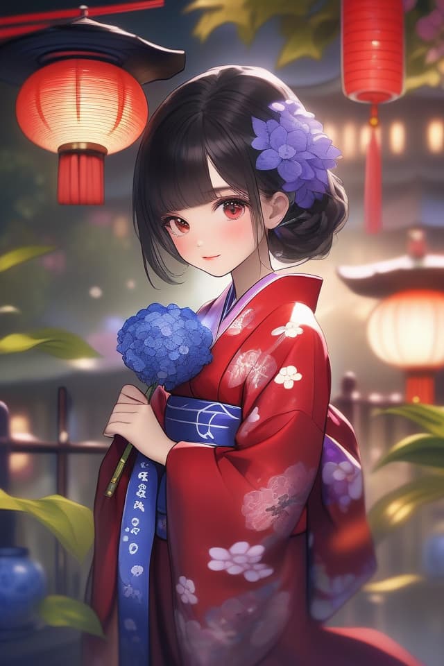  (Illustration of close up only from the knee) Beautiful Girl with Black Hair, Doll, Masterpiece, (Deep Red Kimono with Blue Hydrange Pattern) VES, Purple Obi, In Garden at Night, High Quality, 8k, 16K