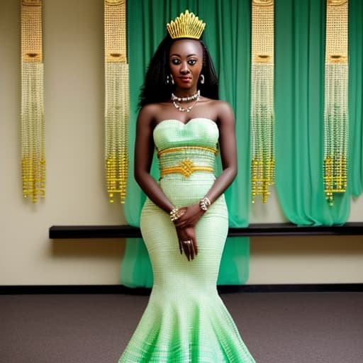  A Ghanaian modern bride in a stylish mint green Ghanaian KENTE gown with chains and petals . Should be a mermaid dress that looks regal. Must look like a beauty queen with a golden crown. Bottom of the gown should have feathers