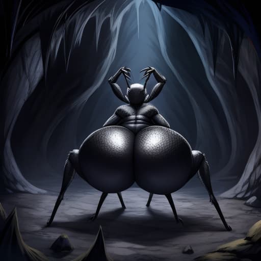  spider, huge ass, fat ass, black skin, woman, web, dark cave, back view, pov, spider legs, multiple legs, looking over viewer, bug, open eyes, digital art, masterpiece, 4k, fine details,