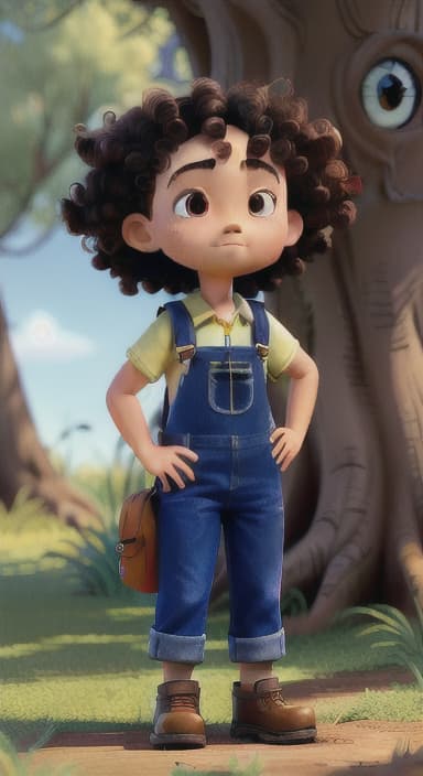  {Riley standing under the tree with eyes closed, making the wish., Riley, a curious with big brown eyes and curly hair, wearing overalls and carrying a small backpack. Their friend, Skye, a bluebird with shiny feathers.