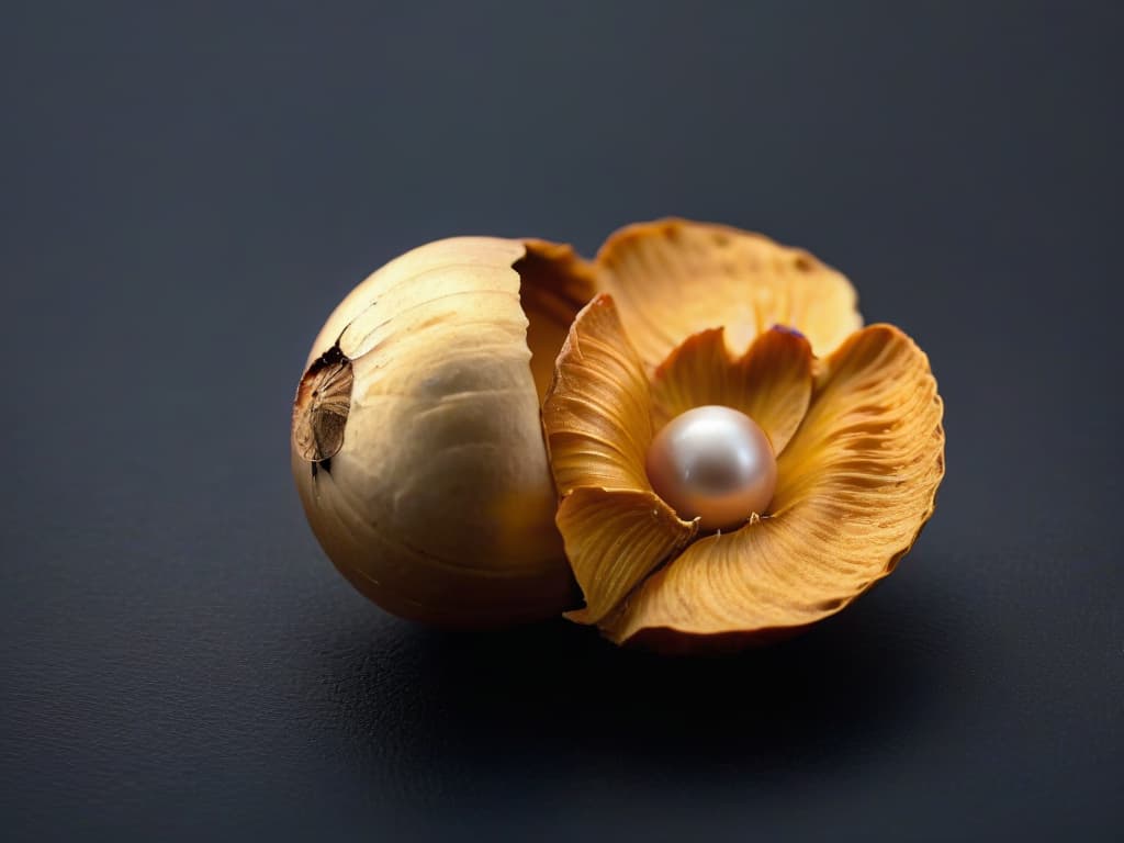  An ultradetailed closeup image of a perfectly goldenbrown macadamia nut resting on a sleek, matte black surface. The lighting is soft but highlights the intricate texture of the nut's shell, showcasing every tiny ridge and crevice. The background is subtly blurred, drawing all attention to the elegant simplicity and natural beauty of the macadamia nut. hyperrealistic, full body, detailed clothing, highly detailed, cinematic lighting, stunningly beautiful, intricate, sharp focus, f/1. 8, 85mm, (centered image composition), (professionally color graded), ((bright soft diffused light)), volumetric fog, trending on instagram, trending on tumblr, HDR 4K, 8K