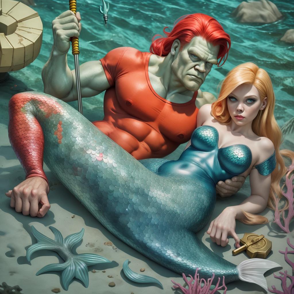  mermaid, man wear hammer and needle