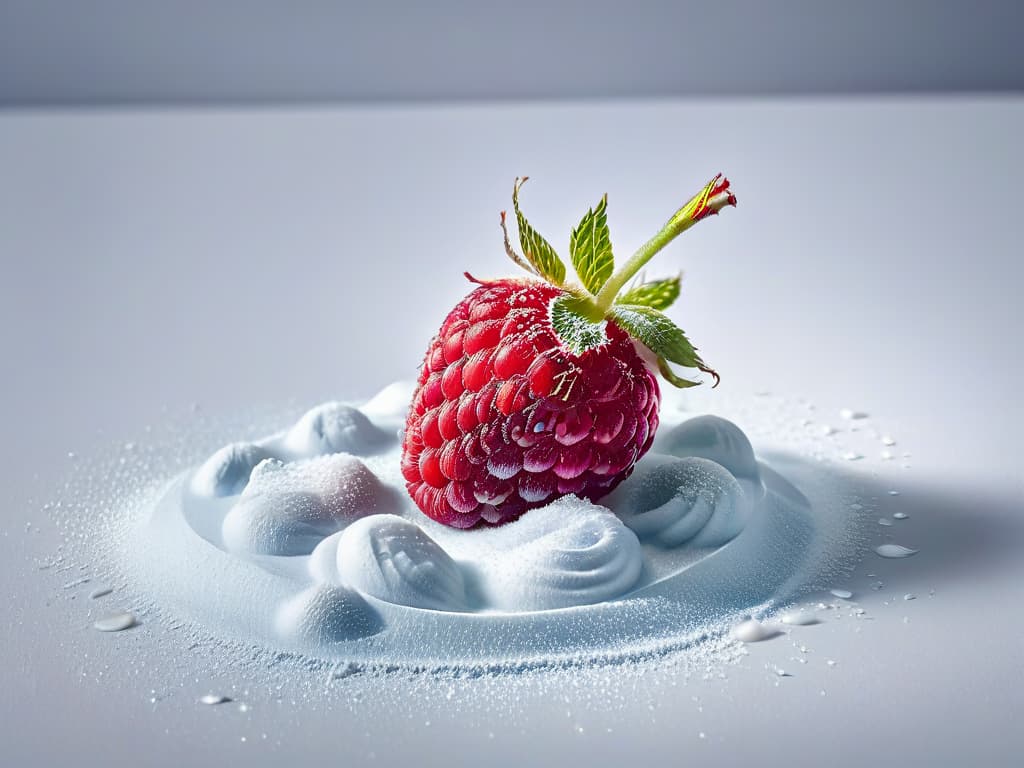  A closeup, ultradetailed image of a single perfect, glossy red raspberry resting on a bed of delicate white sugar crystals, with tiny water droplets glistening on its surface, showcasing the natural beauty and freshness of the fruit. hyperrealistic, full body, detailed clothing, highly detailed, cinematic lighting, stunningly beautiful, intricate, sharp focus, f/1. 8, 85mm, (centered image composition), (professionally color graded), ((bright soft diffused light)), volumetric fog, trending on instagram, trending on tumblr, HDR 4K, 8K