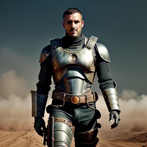  robot version mad max hyperrealistic, full body, detailed clothing, highly detailed, cinematic lighting, stunningly beautiful, intricate, sharp focus, f/1. 8, 85mm, (centered image composition), (professionally color graded), ((bright soft diffused light)), volumetric fog, trending on instagram, trending on tumblr, HDR 4K, 8K