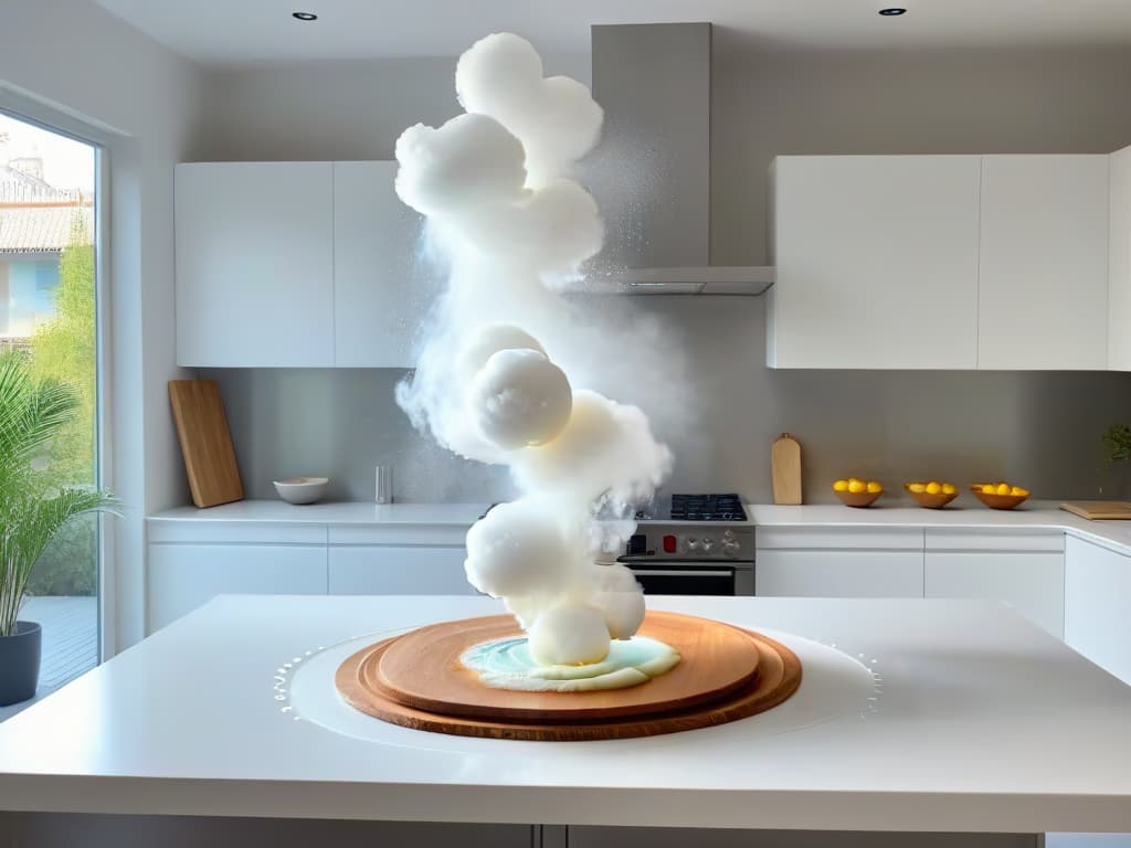  An image of a sleek, modern kitchen with a minimalist design featuring a holographic overlay of baking ingredients floating in the air, symbolizing the integration of augmented reality technology in pastry making. The setting is pristine, with a marble countertop, stainless steel appliances, and a soft, natural color palette to evoke a sense of sophistication and innovation. The holographic elements include flour, sugar, eggs, and a rolling pin, subtly enhancing the aesthetic appeal of the kitchen while alluding to the benefits of using augmented reality for errorfree baking. hyperrealistic, full body, detailed clothing, highly detailed, cinematic lighting, stunningly beautiful, intricate, sharp focus, f/1. 8, 85mm, (centered image composition), (professionally color graded), ((bright soft diffused light)), volumetric fog, trending on instagram, trending on tumblr, HDR 4K, 8K