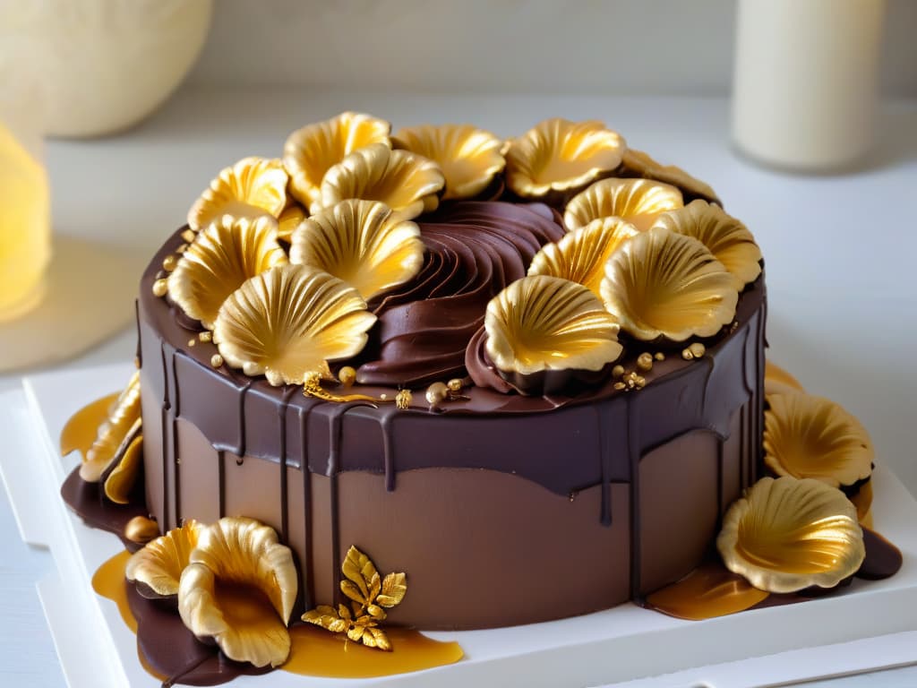  An ultradetailed closeup image of a delicate, shimmering gold leaf gently being placed on a luxurious, glossy chocolate cake. The gold leaf is catching the light, showcasing its intricate texture and adding a touch of opulence to the decadent dessert. The cake is elegantly decorated with minimalistic swirls of rich chocolate ganache, creating a visually stunning and aspirational image for the article on using edible gold in pastry work. hyperrealistic, full body, detailed clothing, highly detailed, cinematic lighting, stunningly beautiful, intricate, sharp focus, f/1. 8, 85mm, (centered image composition), (professionally color graded), ((bright soft diffused light)), volumetric fog, trending on instagram, trending on tumblr, HDR 4K, 8K