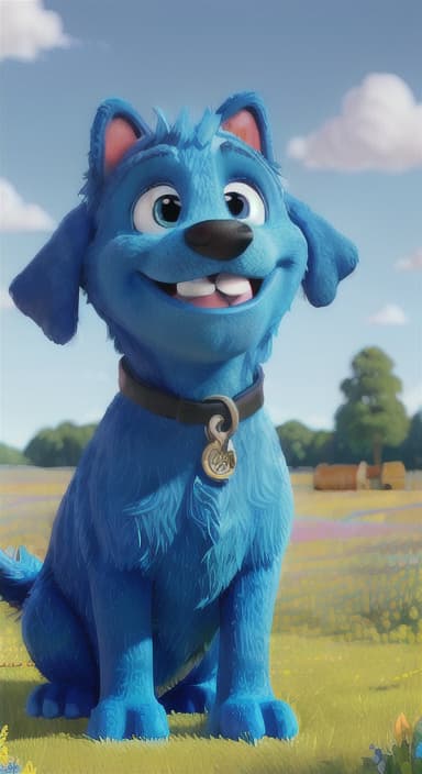  {A happy, big blue dog wagging its tail in a colorful meadow, The big blue dog is large with sky blue fur, big round eyes, a black nose, and floppy ears.