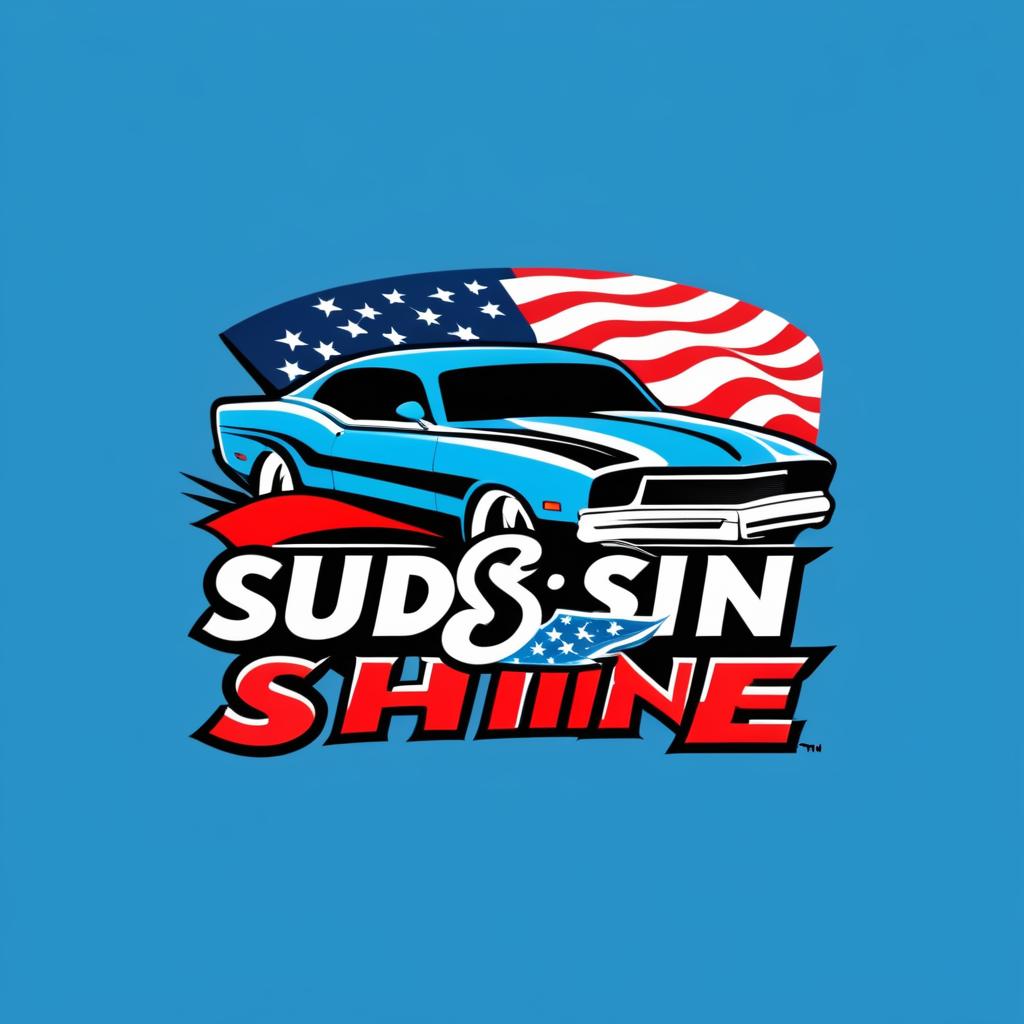  Logo, (surrealism style), Create a logo for “Suds N’ Shine” Valencia Mobile Detailing. Include American flag and colors should be Red Blue and Black. With a shiny car