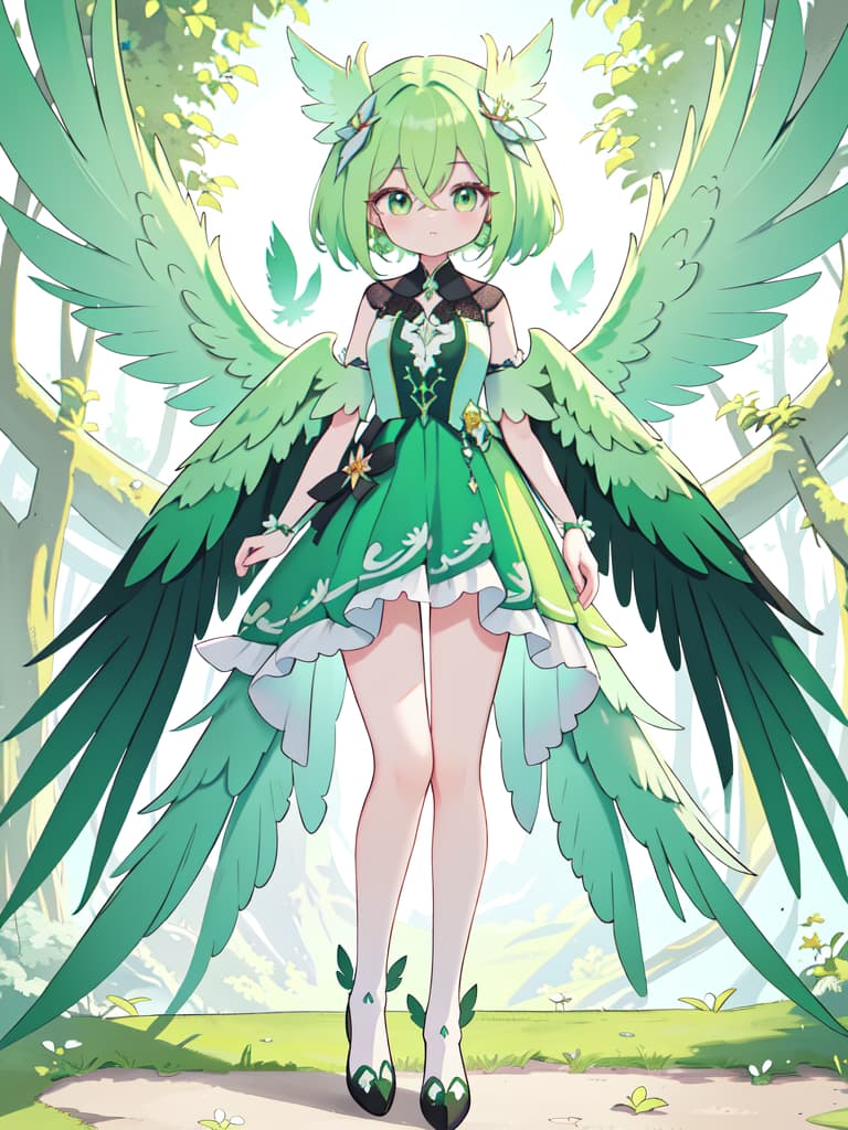  Green hair character Harpy, bird like legs, whole body feathers covered, masterpiece, best quality,8k,ultra detailed,high resolution,an extremely delicate and beautiful,hyper detail