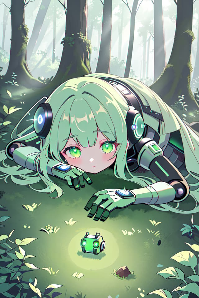  ((Mossy robot, broken robot girl lying in the forest, Half Closed Narrow Eyes)), sprout, Green Hair 1 Girl, (Absurdress, masterpiece, ultimate quality), official art, aesthetic, (diffusion lighting, environment) Lighting), detailed skin texture, best shadow, very detail, colorful, 8k Wallpaper, Raw Photoristic Detailed, Dutch Angle, 💩, 💩, 💩, hyperrealistic, full body, detailed clothing, highly detailed, cinematic lighting, stunningly beautiful, intricate, sharp focus, f/1. 8, 85mm, (centered image composition), (professionally color graded), ((bright soft diffused light)), volumetric fog, trending on instagram, trending on tumblr, HDR 4K, 8K