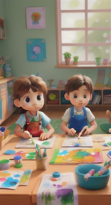  {Children gathered around a table full of paints, brushes, and paper., Kids wearing aprons, concentrating on their painting with bright colors on paper.