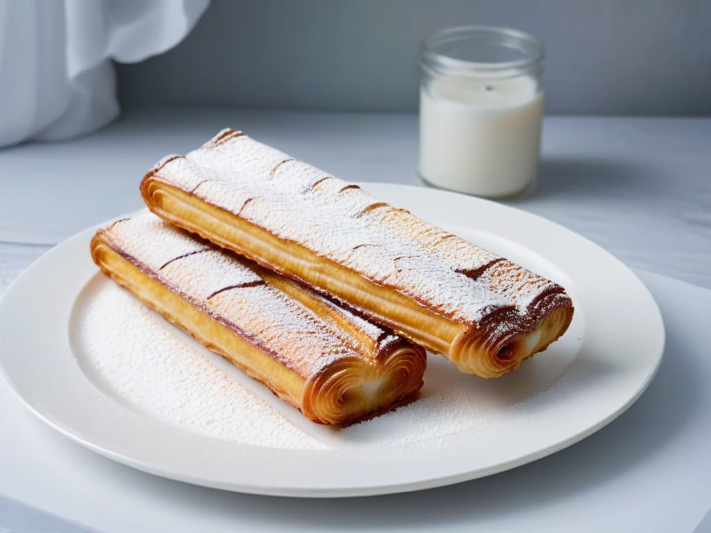  An ultradetailed image of a goldenbrown churro, perfectly crispy on the outside with a soft, fluffy interior, dusted with a light coating of powdered sugar. The churro is elegantly placed on a sleek, modern white plate, creating a striking contrast that highlights its delicious texture and appearance. hyperrealistic, full body, detailed clothing, highly detailed, cinematic lighting, stunningly beautiful, intricate, sharp focus, f/1. 8, 85mm, (centered image composition), (professionally color graded), ((bright soft diffused light)), volumetric fog, trending on instagram, trending on tumblr, HDR 4K, 8K