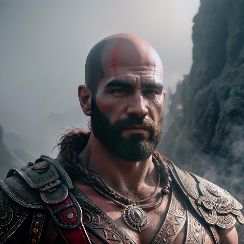  God of war hyperrealistic, full body, detailed clothing, highly detailed, cinematic lighting, stunningly beautiful, intricate, sharp focus, f/1. 8, 85mm, (centered image composition), (professionally color graded), ((bright soft diffused light)), volumetric fog, trending on instagram, trending on tumblr, HDR 4K, 8K