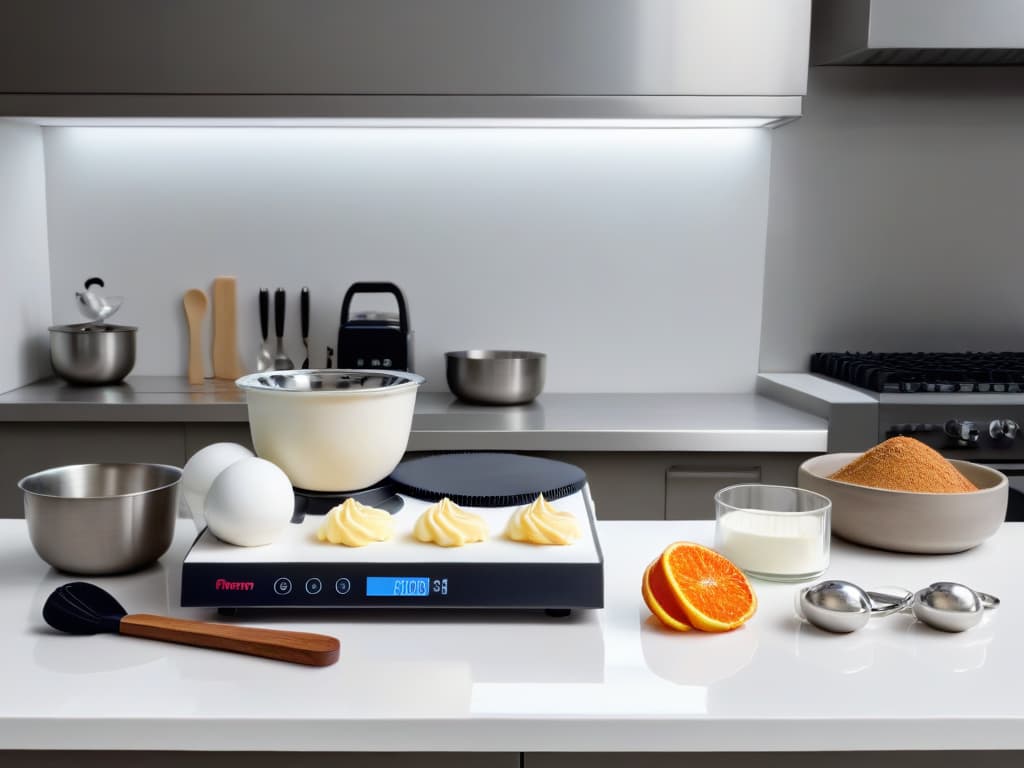  A highresolution, minimalist image of a sleek, modern kitchen countertop adorned with an array of advanced baking utensils such as precision scales, specialized piping bags, intricate fondant molds, and cuttingedge decorating tools, all neatly arranged in an organized and visually appealing manner. The image should capture the essence of sophistication and innovation in the world of baking equipment, reflecting the cuttingedge trends and techniques embraced by professional bakers in 2022. hyperrealistic, full body, detailed clothing, highly detailed, cinematic lighting, stunningly beautiful, intricate, sharp focus, f/1. 8, 85mm, (centered image composition), (professionally color graded), ((bright soft diffused light)), volumetric fog, trending on instagram, trending on tumblr, HDR 4K, 8K