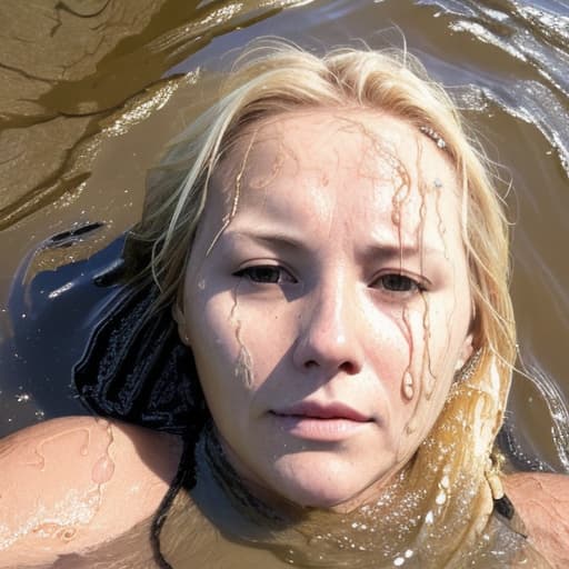  woman's face with blonde hair drowning in the river