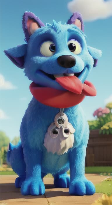  {Max carefully picking up the ball with his teeth without disturbing the flowers, The big blue dog is large with sky blue fur, big round eyes, a black nose, and floppy ears.