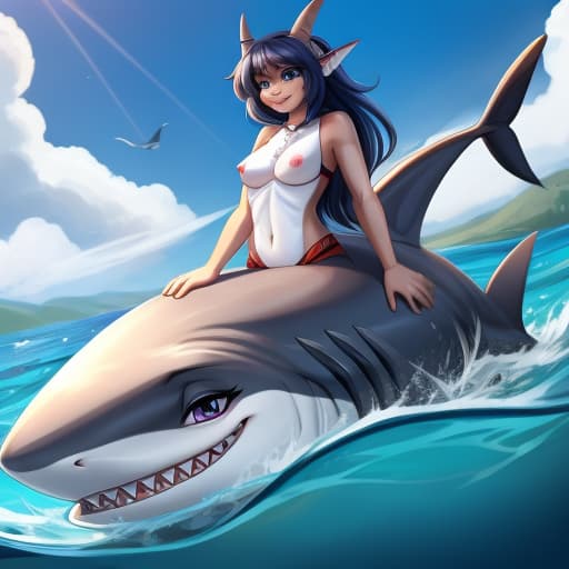  shark girl riding a whale be eipril, open eyes, digital art, masterpiece, 4k, fine details,