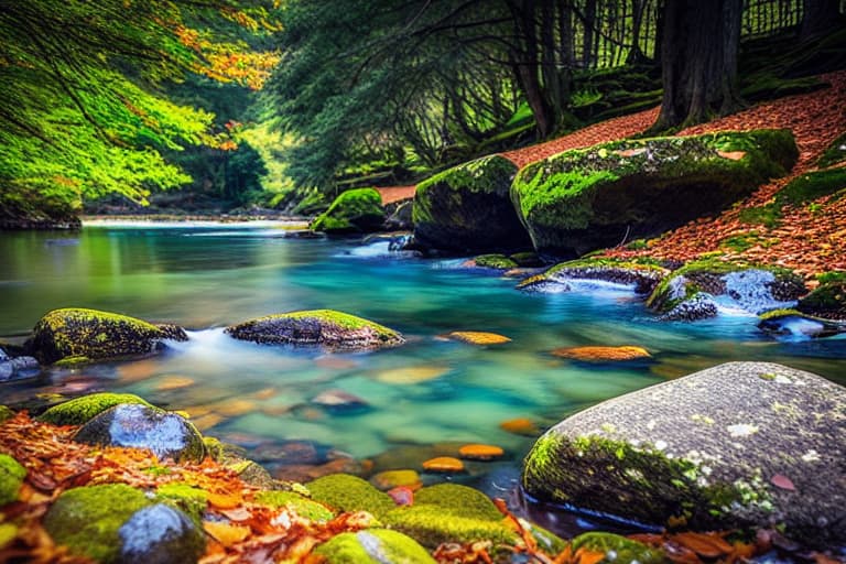  blur background with stones water sunlight leaves tree