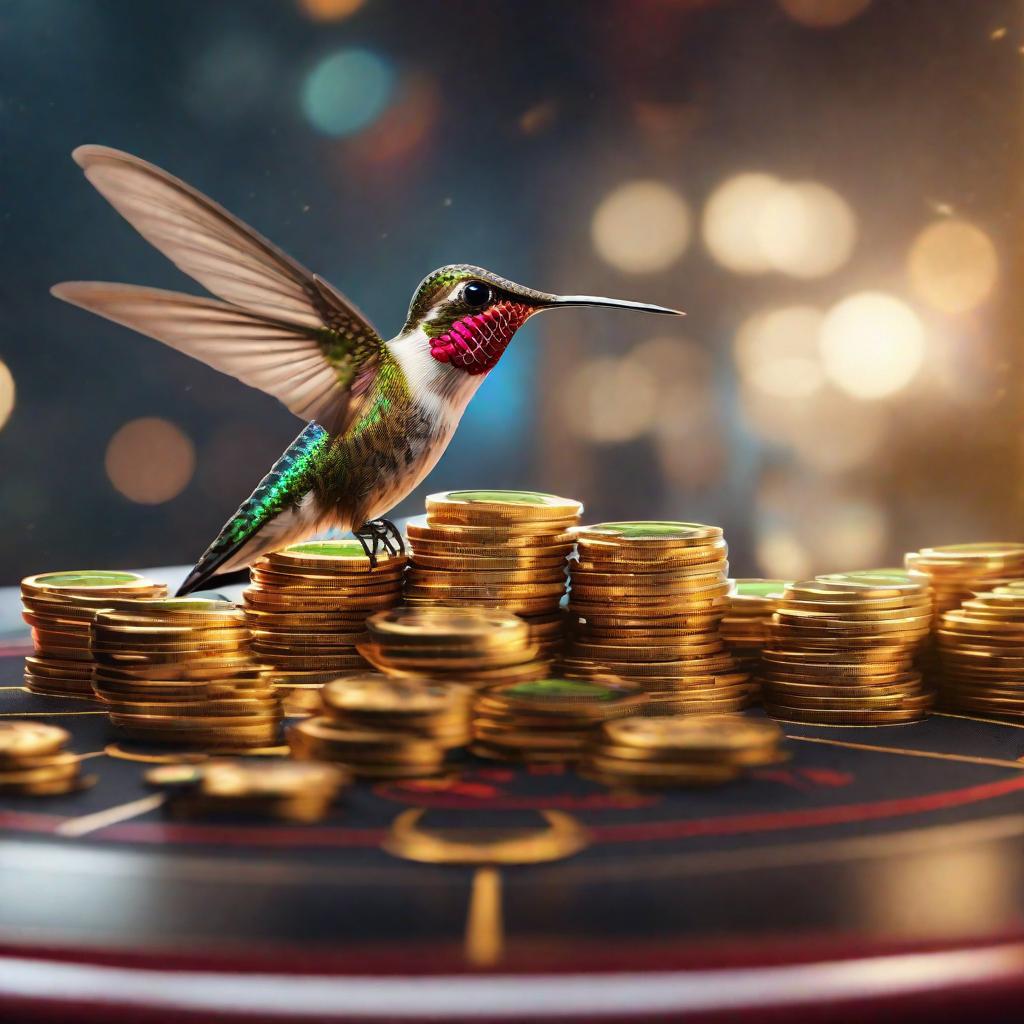  Un hummingbird de oro vuela majestuoso y elegante sobre una ruleta de casino . hyperrealistic, full body, detailed clothing, highly detailed, cinematic lighting, stunningly beautiful, intricate, sharp focus, f/1. 8, 85mm, (centered image composition), (professionally color graded), ((bright soft diffused light)), volumetric fog, trending on instagram, trending on tumblr, HDR 4K, 8K