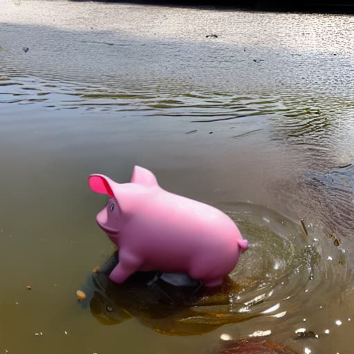  Pink piggy very happy swimming in a pond With frogs